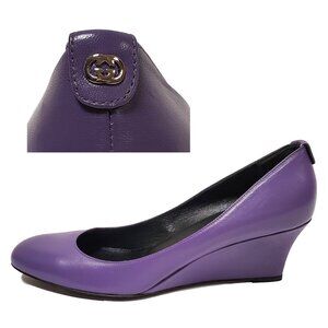 GUCCI SHOES PURPLE LEATHER LOGO SIGNATURE HARDWARE WEDGE IT 39.5 / US 9.5